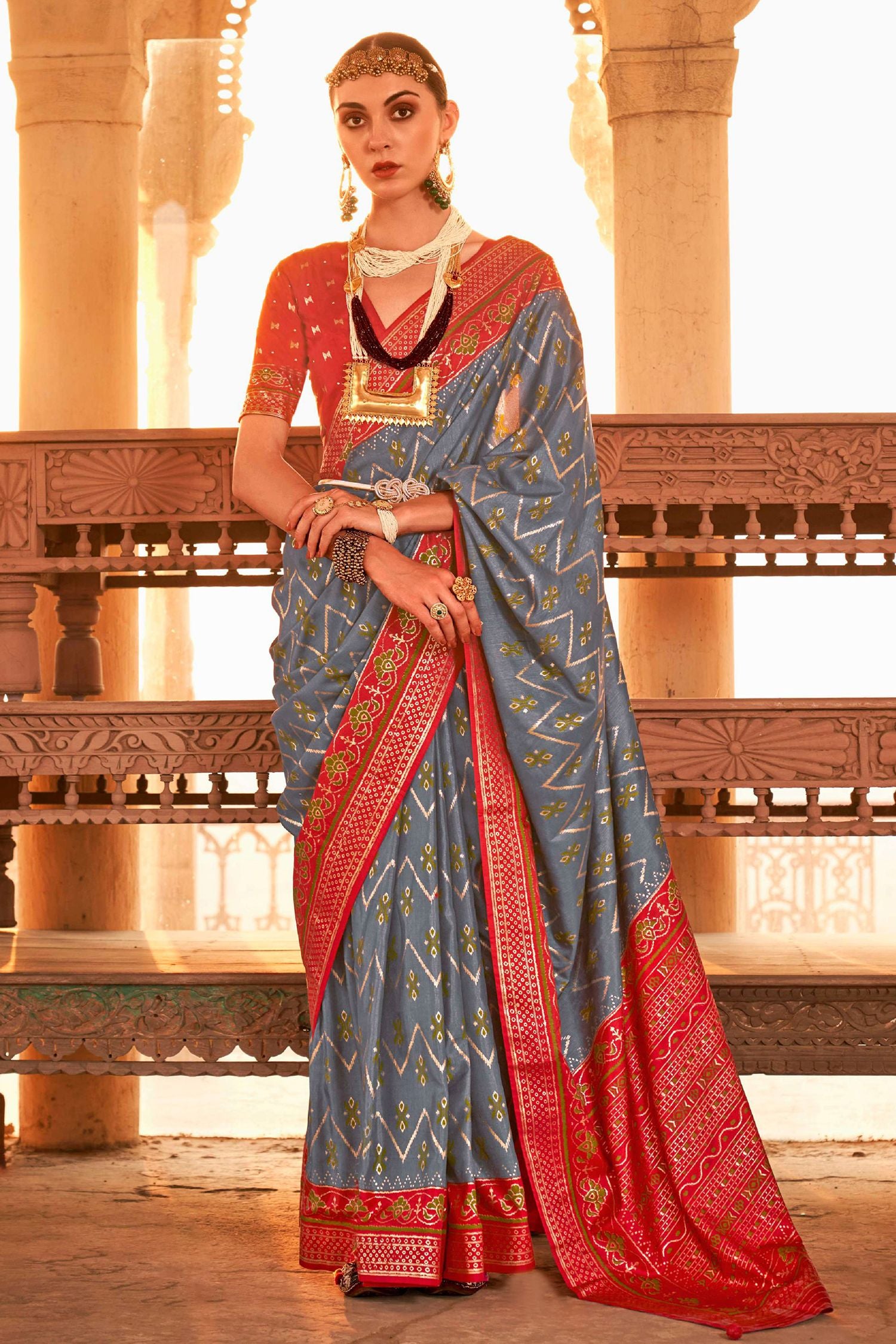 Buy MySilkLove Nevada Grey and Red Printed Patola Silk Saree Online