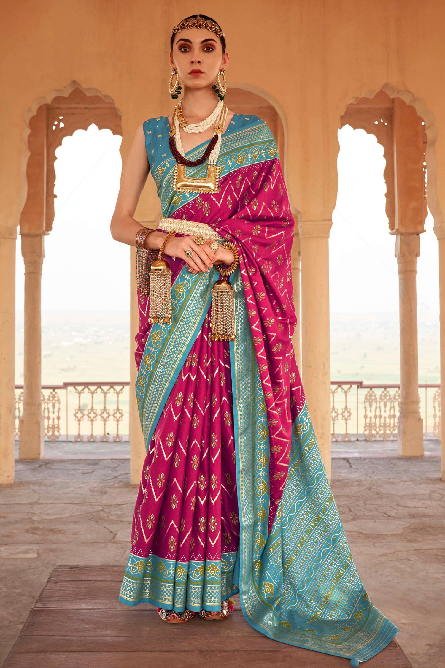 Buy MySilkLove Cerise Pink and Blue Printed Patola Silk Saree Online