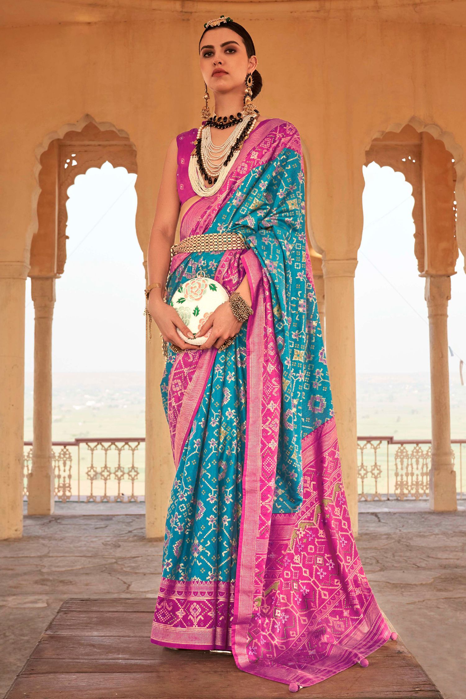 Buy MySilkLove Eastern Blue and Pink Printed Patola Silk Saree Online