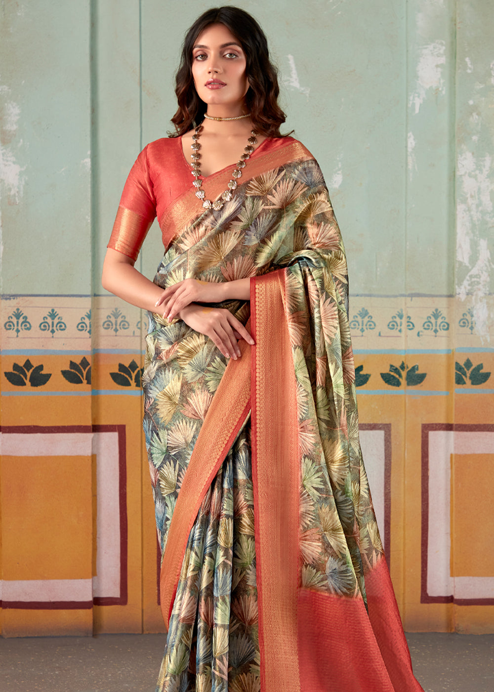 Buy MySilkLove Shadow Green and Red Banarasi Tissue Silk Saree Online