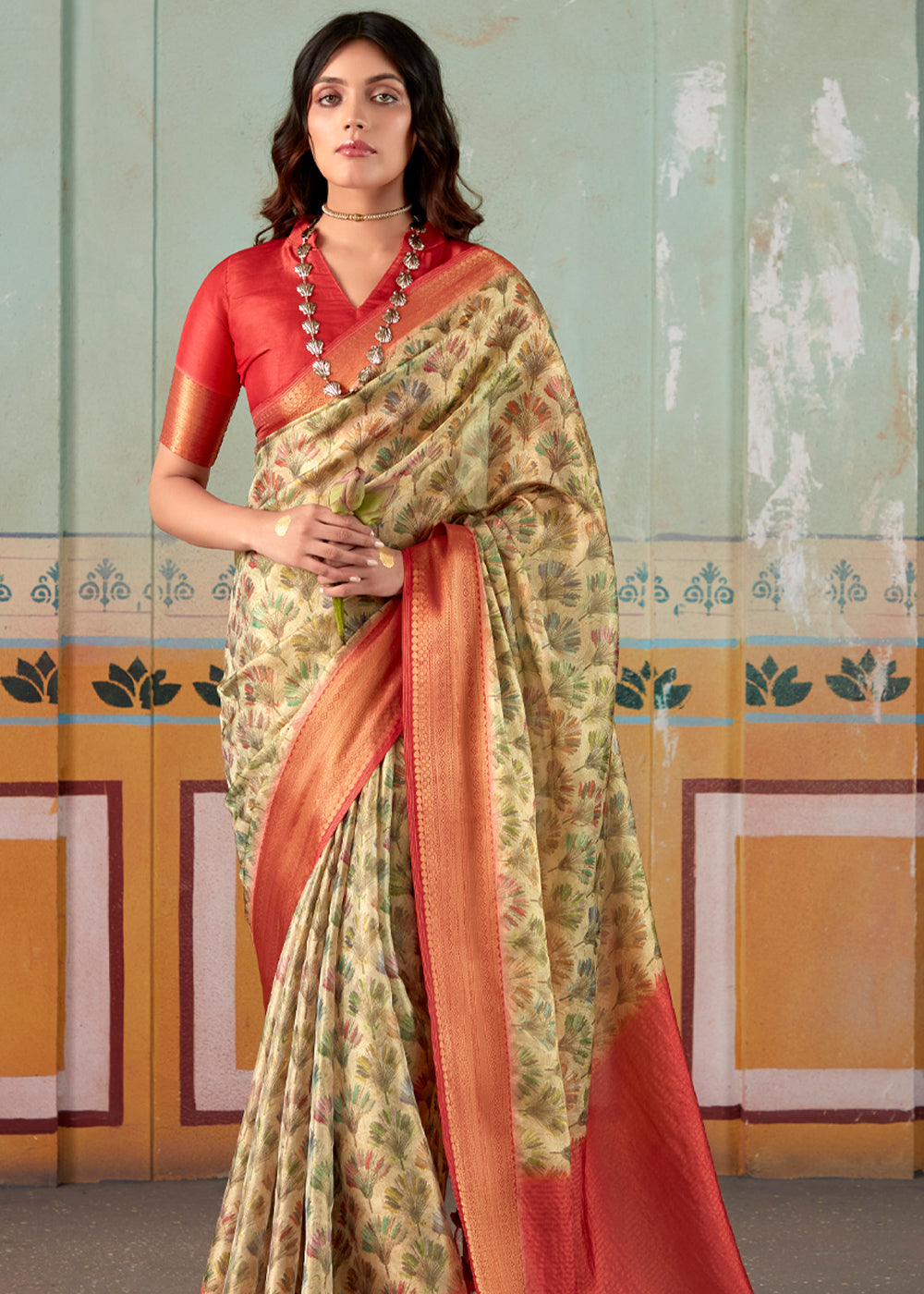 Buy MySilkLove Misty Moss Green and Red Banarasi Tissue Silk Saree Online