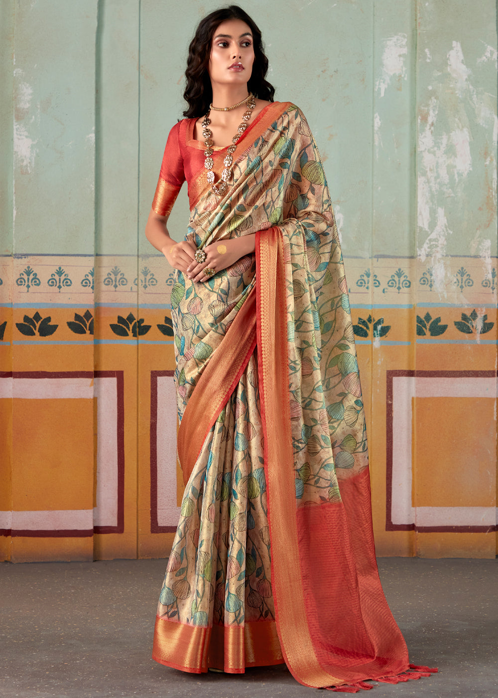 Buy MySilkLove Swamp Green and Red Banarasi Tissue Silk Saree Online