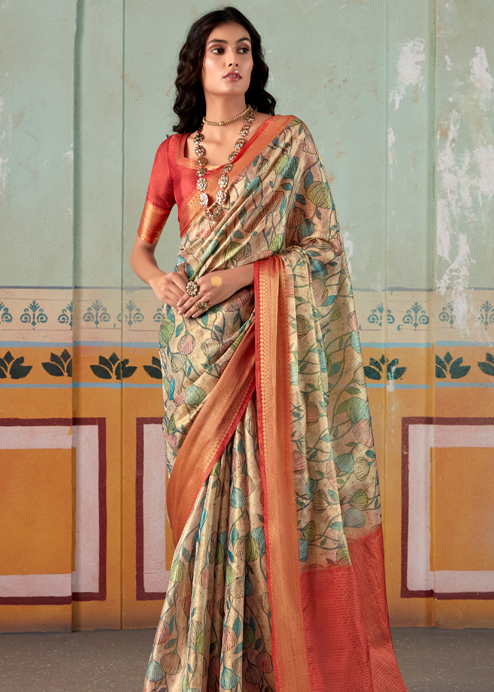 Buy MySilkLove Swamp Green and Red Banarasi Tissue Silk Saree Online