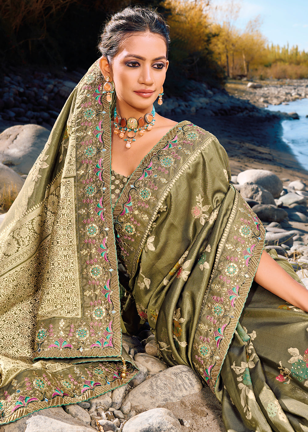 MySilkLove Gold Fusion Green Zari Woven Embroidery Designer Banarasi Saree