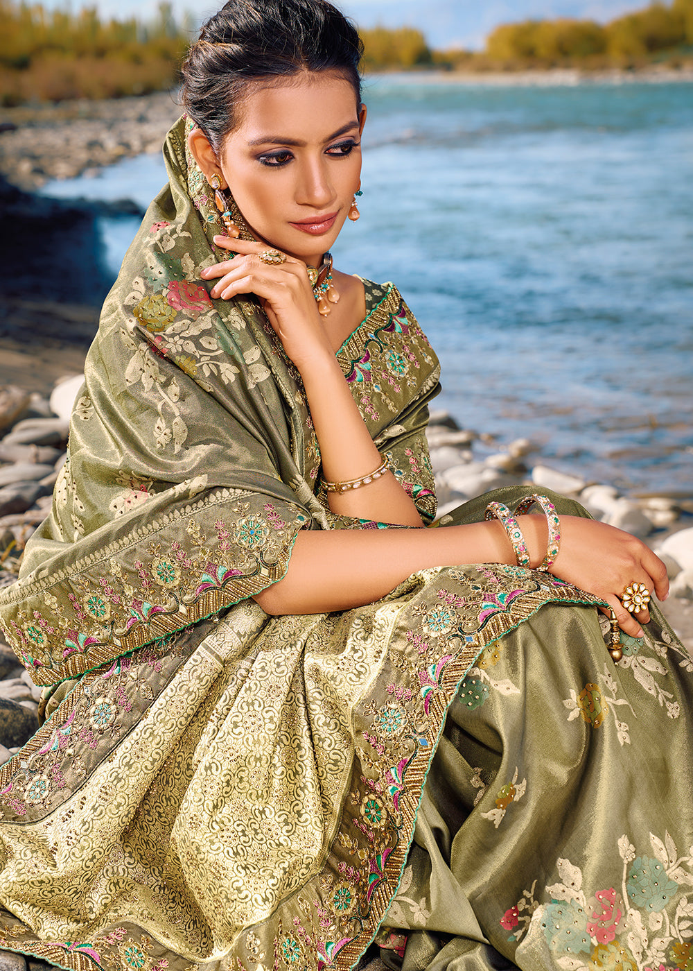 Buy MySilkLove Gold Fusion Green Zari Woven Embroidery Designer Banarasi Saree Online