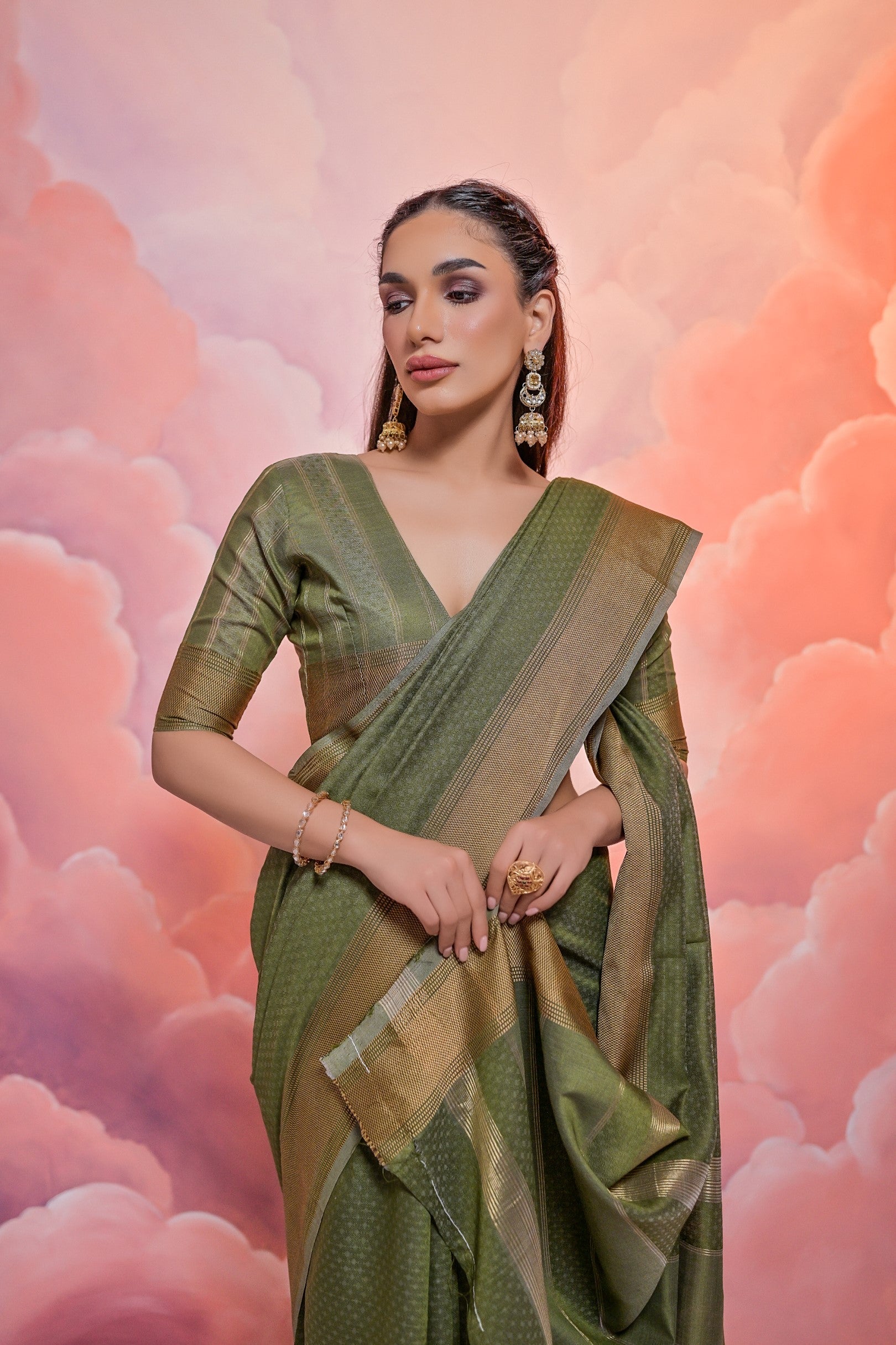 Buy MySilkLove Clay Creek Green Banarasi Cotton Saree Online