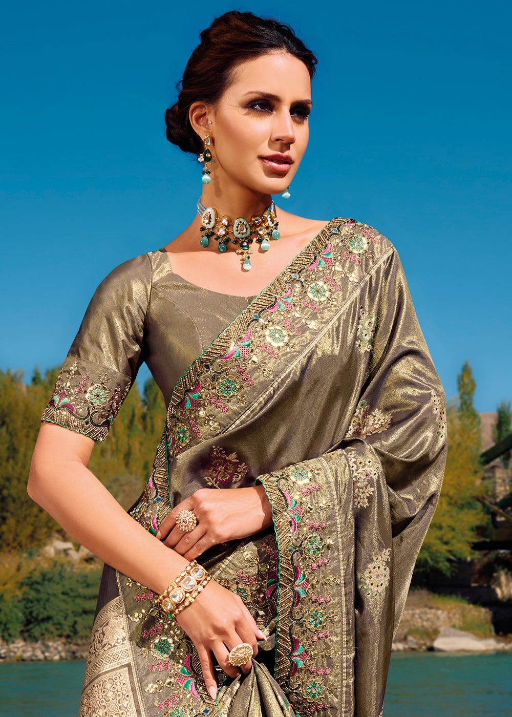 Buy MySilkLove Sandrift Grey Zari Woven Embroidery Designer Banarasi Saree Online