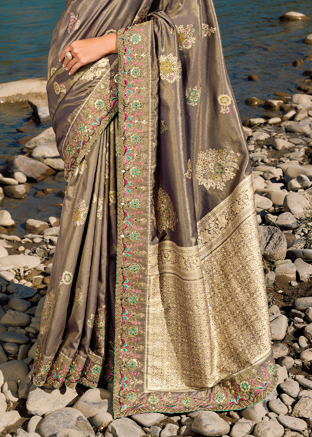 Buy MySilkLove Sandrift Grey Zari Woven Embroidery Designer Banarasi Saree Online