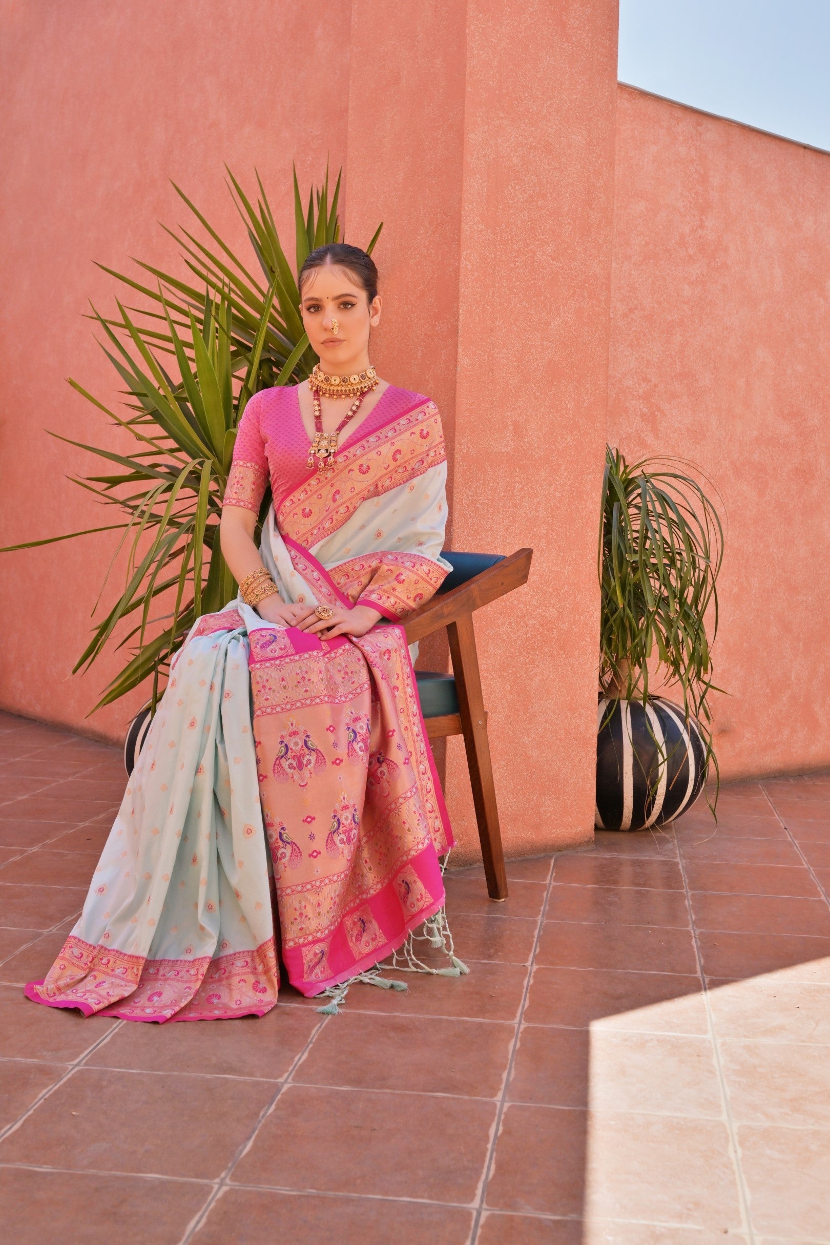 MySilkLove Clam Shell White and Pink Zari Woven Paithani Saree