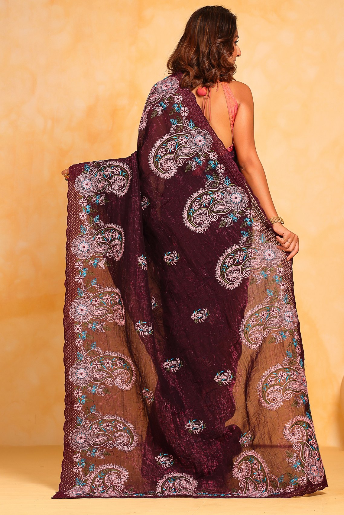 Buy MySilkLove Cocao Bean Purple Embroidered Georgette Saree Online