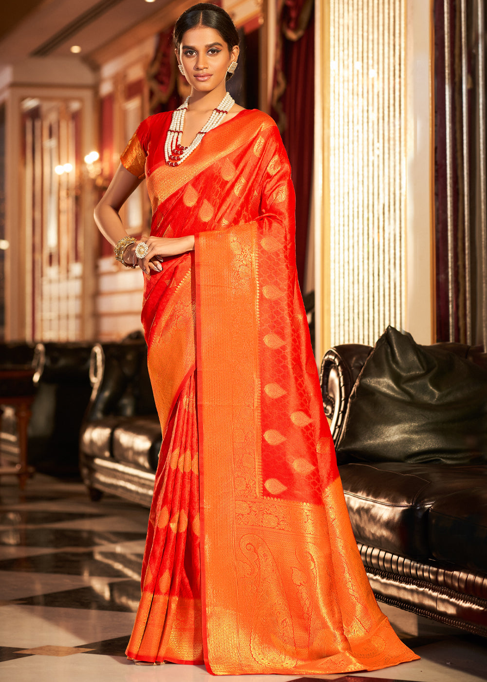 Buy MySilkLove Smashed Pumpkin Orange Woven Banarasi Soft Silk Saree Online