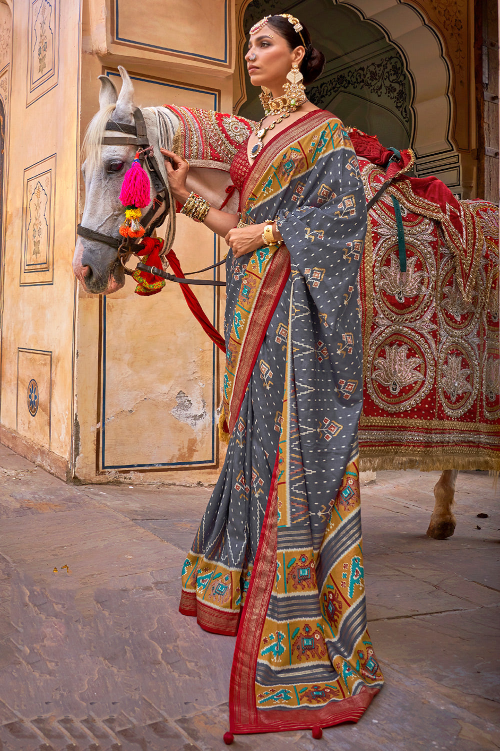 Buy MySilkLove Smokey Grey Printed Patola Silk Saree Online