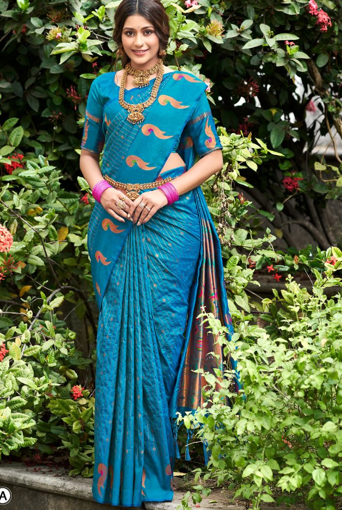 Buy MySilkLove Eastern Blue Woven Paithani Silk Saree Online