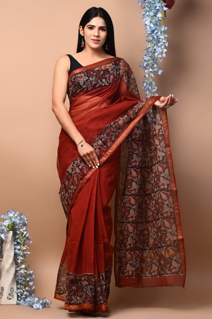 Buy MySilkLove Smokey Topaz Maroon Handblock Kota Doriya Saree Online