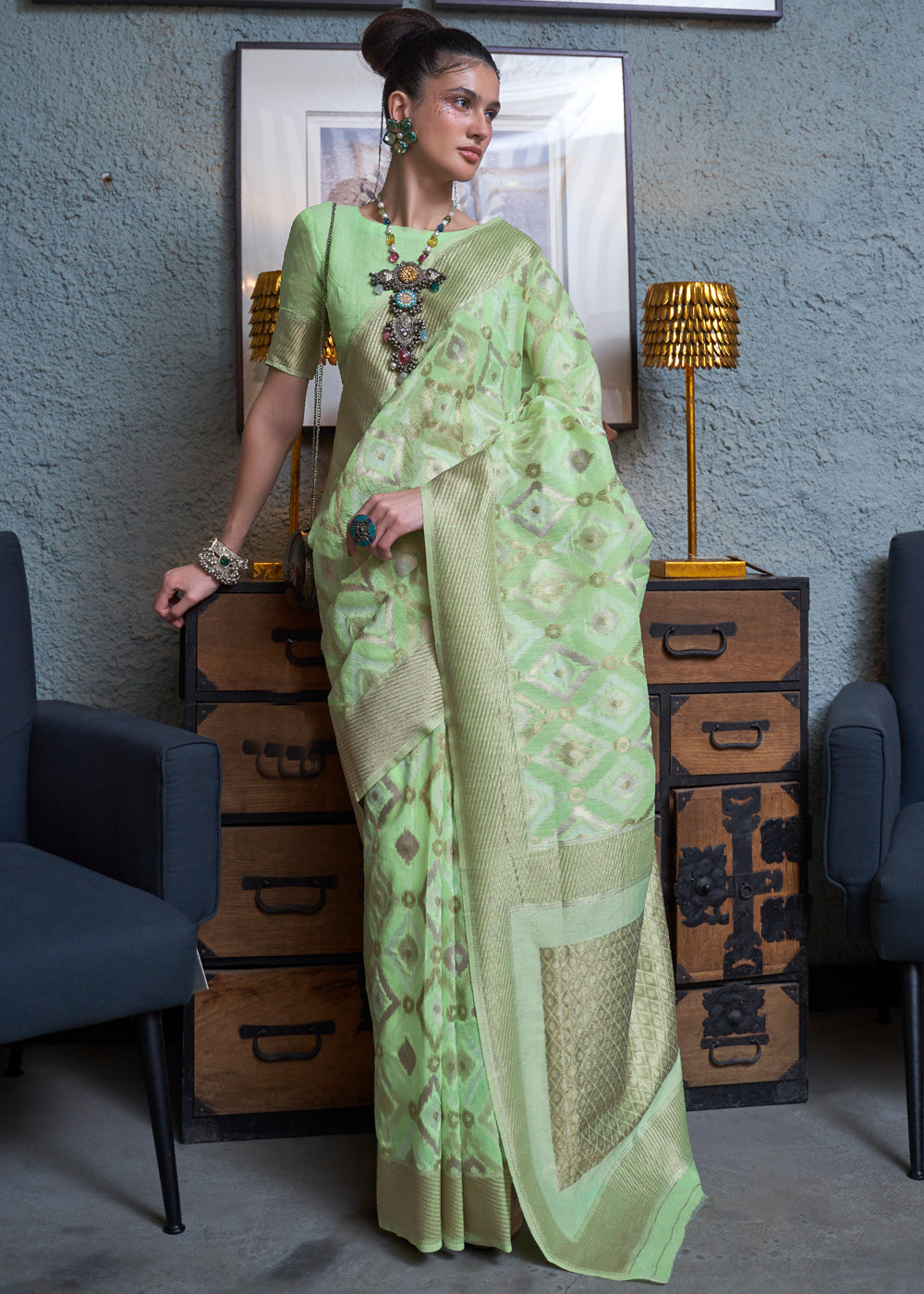 Buy MySilkLove Sprout Green Woven Banarasi Linen Silk Saree Online
