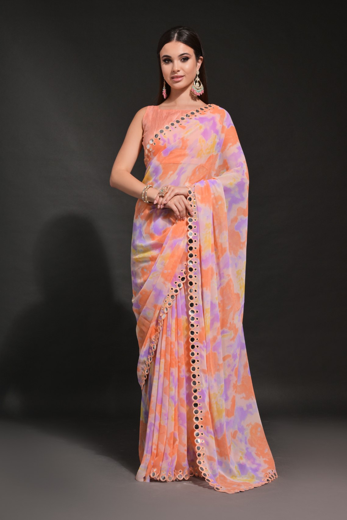 Buy MySilkLove Apricot Orange Printed Georgette Saree Online