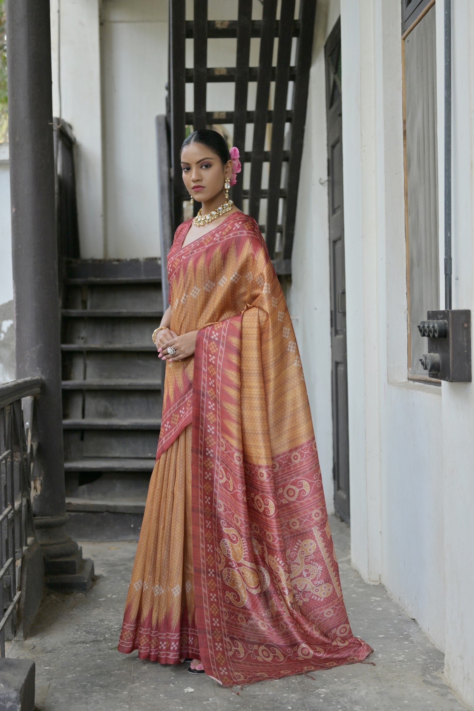 Buy MySilkLove Twine Yellow Printed Tussar Silk Saree Online