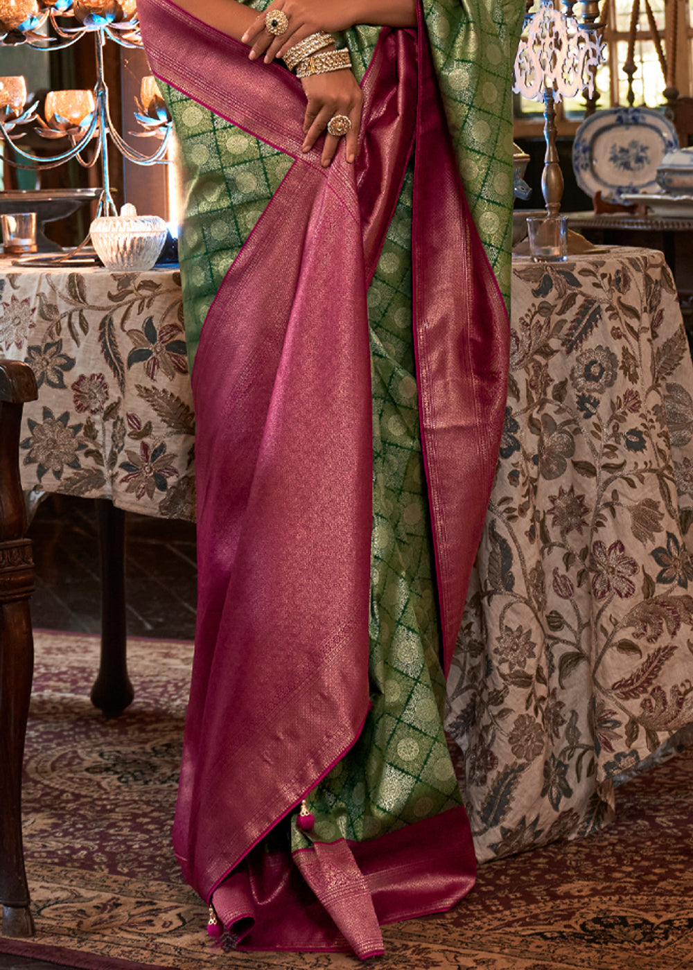 Buy MySilkLove Verdigris Green and Pink Woven Kanjivaram Saree Online