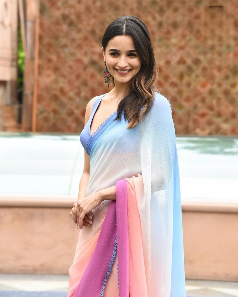 MySilkLove Alia Bhatt Inspired pink and blue soft georgette partywear saree