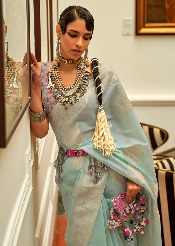 Light Blue Handloom Woven Silk Saree with Kashmiri Pallu