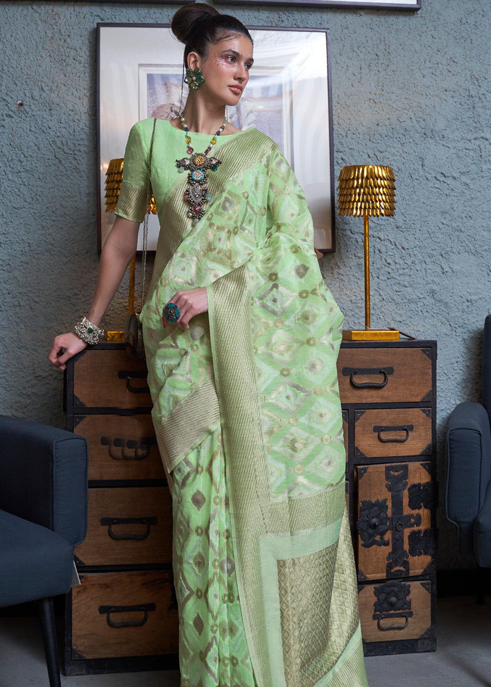 MySilkLove Sprout Green Woven Banarasi Linen Silk Saree