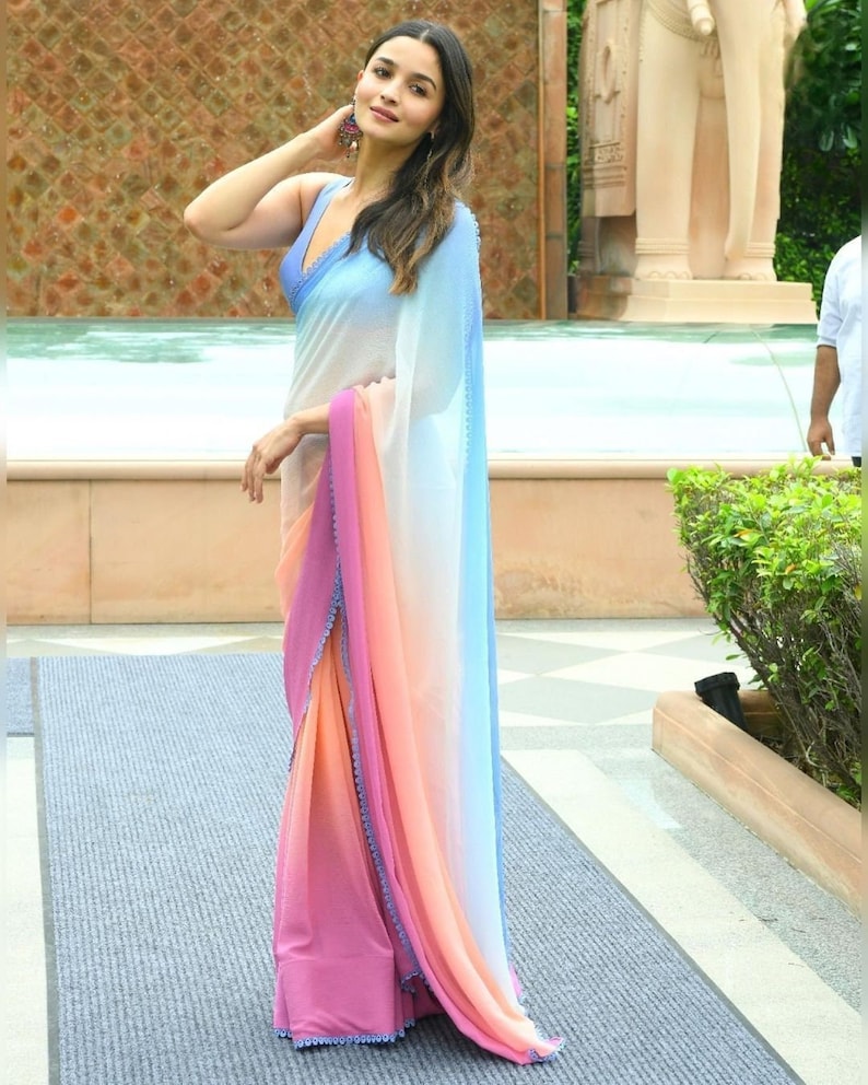 Buy MySilkLove Alia Bhatt Inspired pink and blue soft georgette partywear saree Online