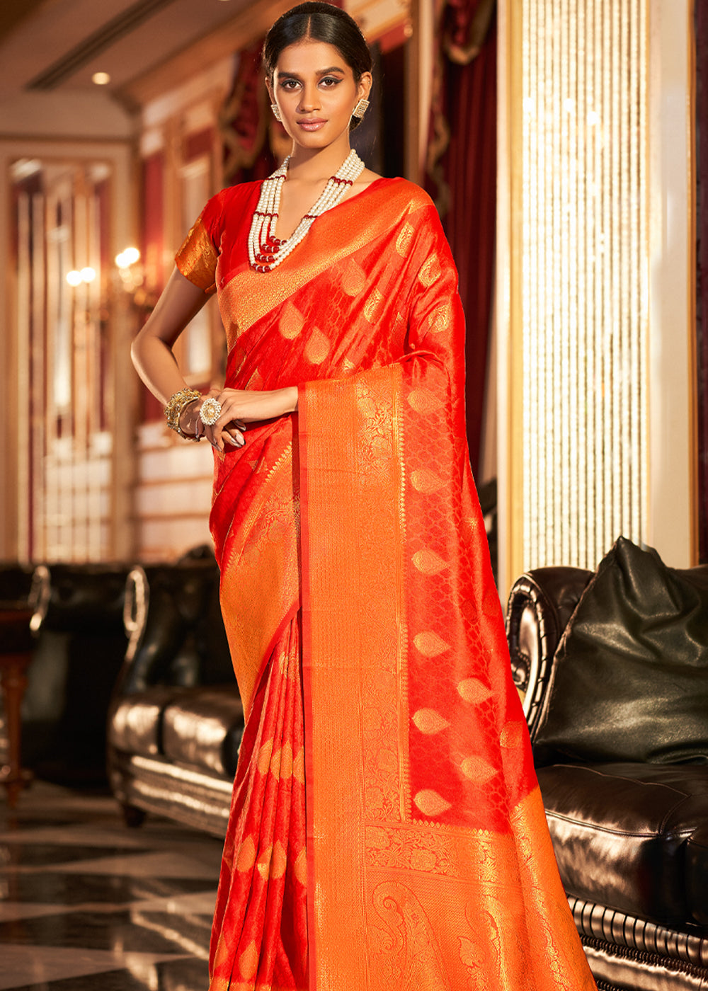 Buy MySilkLove Smashed Pumpkin Orange Woven Banarasi Soft Silk Saree Online