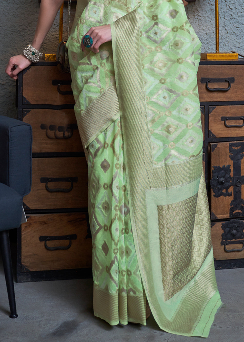 Buy MySilkLove Sprout Green Woven Banarasi Linen Silk Saree Online