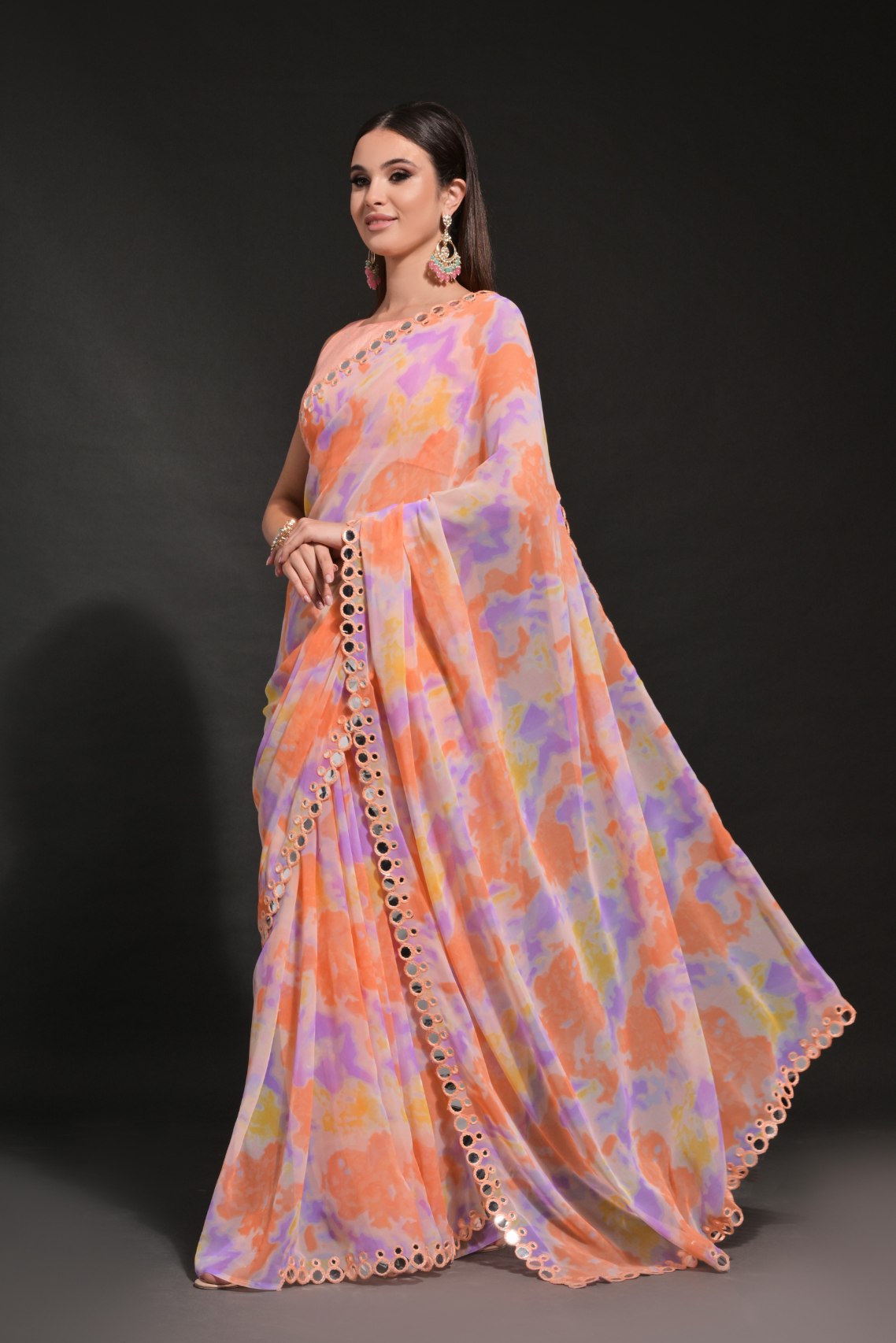 MySilkLove Apricot Orange Printed Georgette Saree