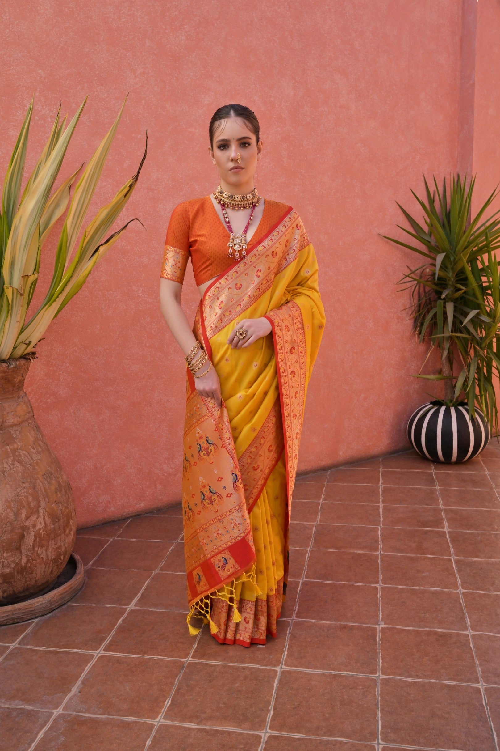 Buy MySilkLove Anzac Yellow and Orange Zari Woven Paithani Saree Online