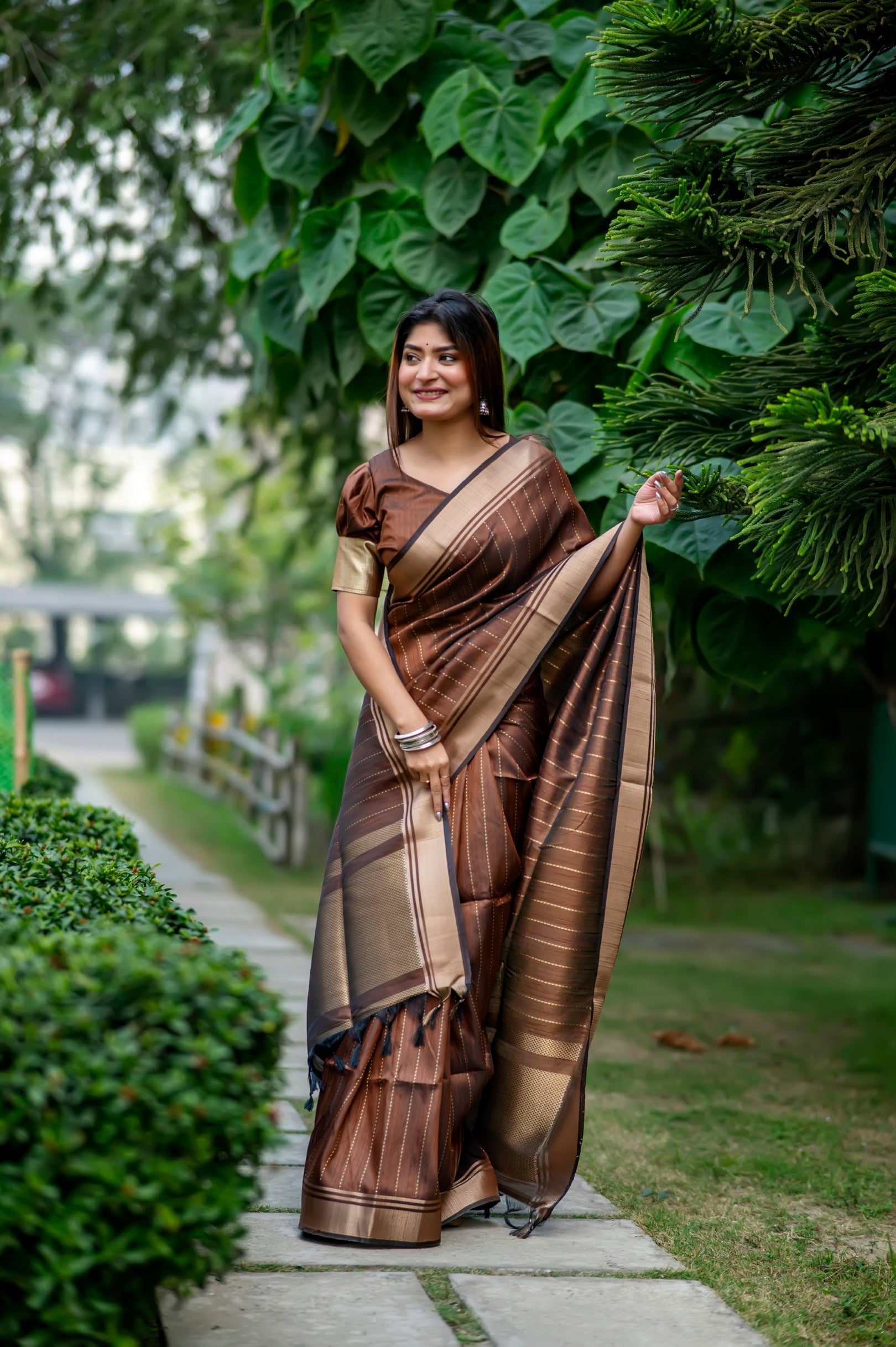 Buy MySilkLove Roman Brown Woven Raw Silk Saree Online