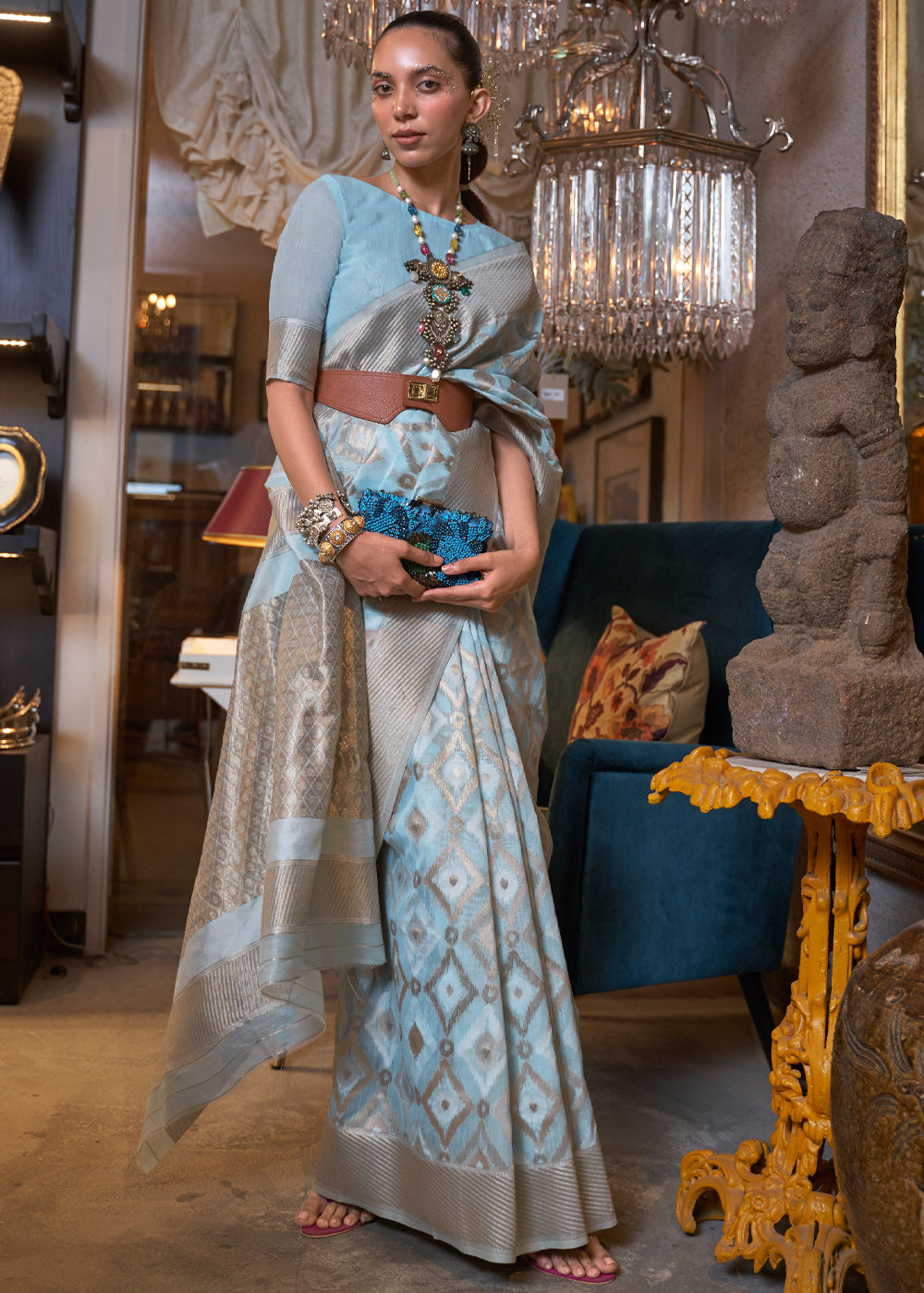 Buy MySilkLove Cadet Blue Woven Banarasi Linen Silk Saree Online