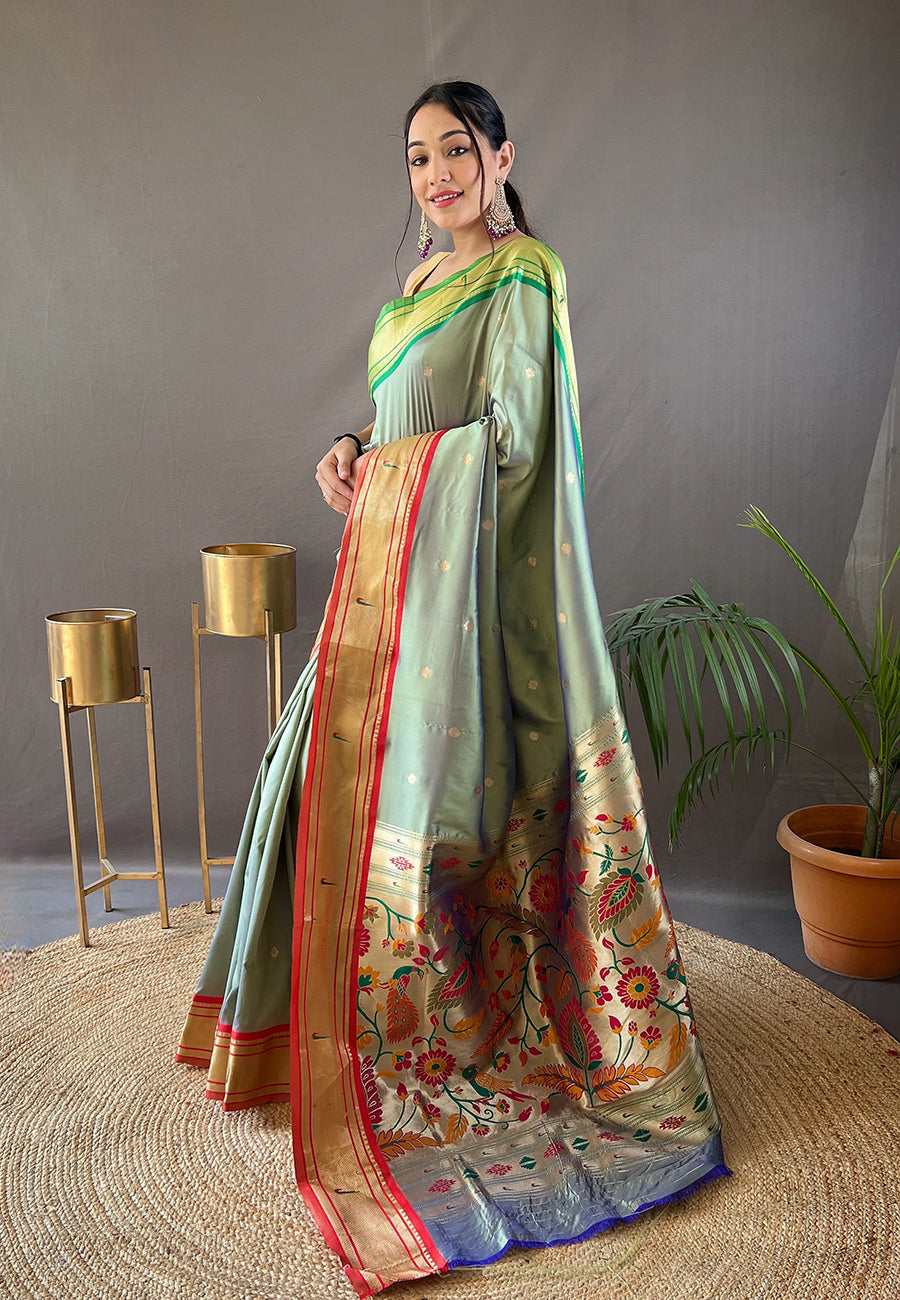 Buy MySilkLove Lime Green Woven Paithani Saree Online