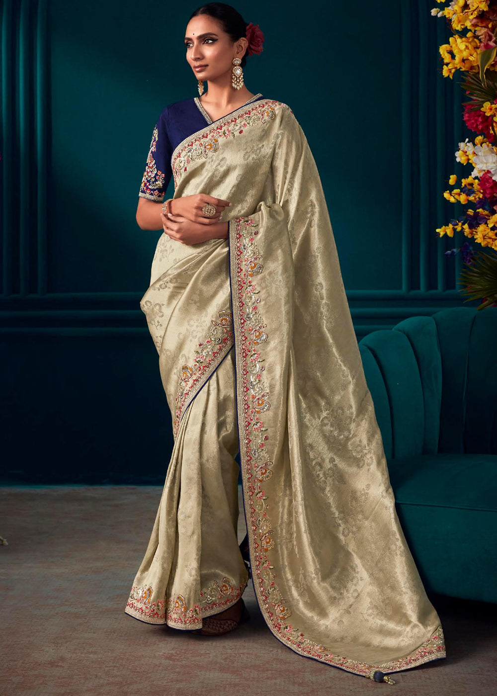 Buy MySilkLove Hampton Cream Woven Embroidered Banarasi Silk Saree Online