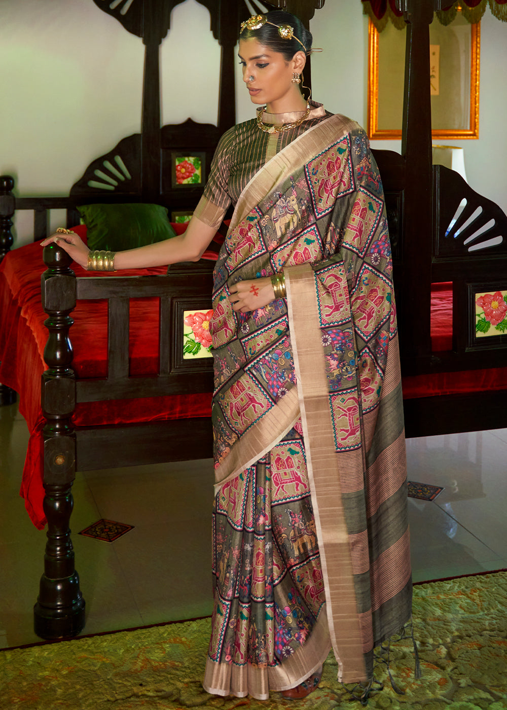 Buy MySilkLove Thatch Brown and Green Designer Printed Silk Saree Online