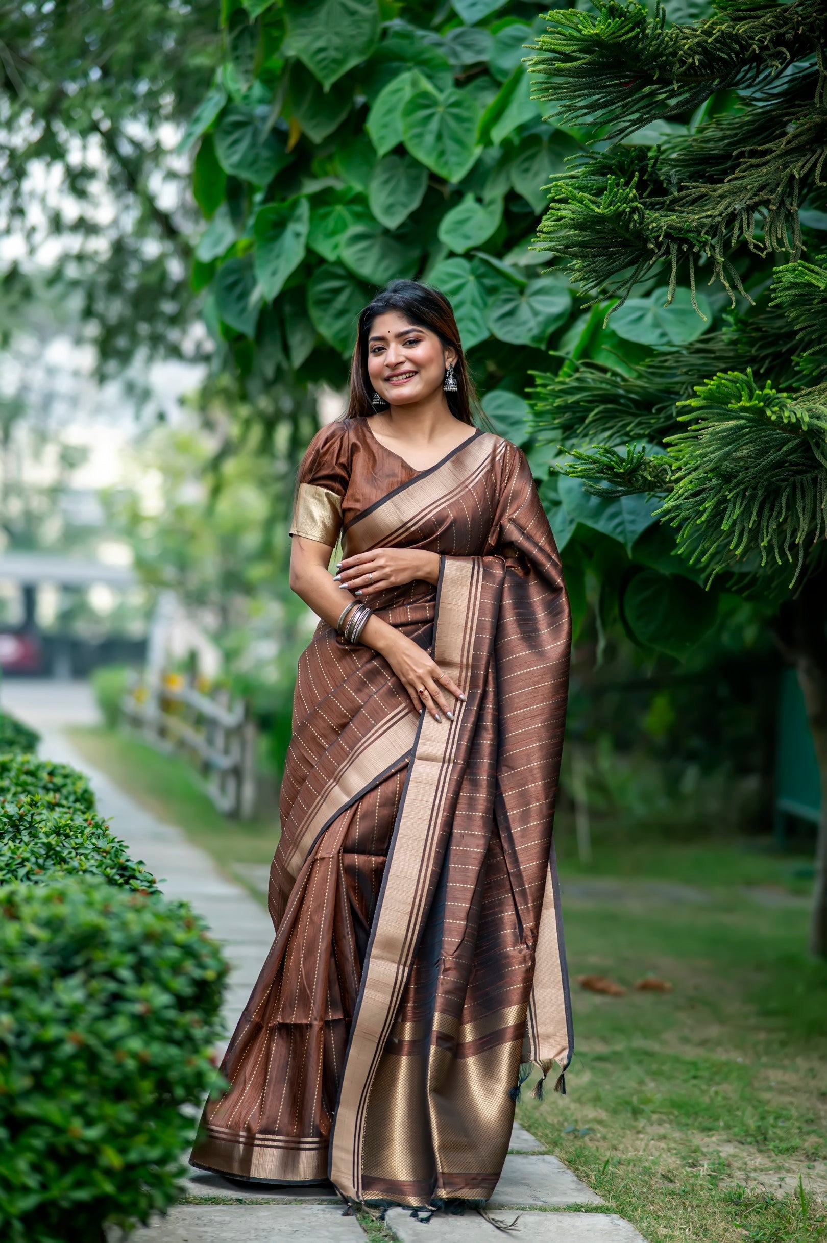 Buy MySilkLove Roman Brown Woven Raw Silk Saree Online