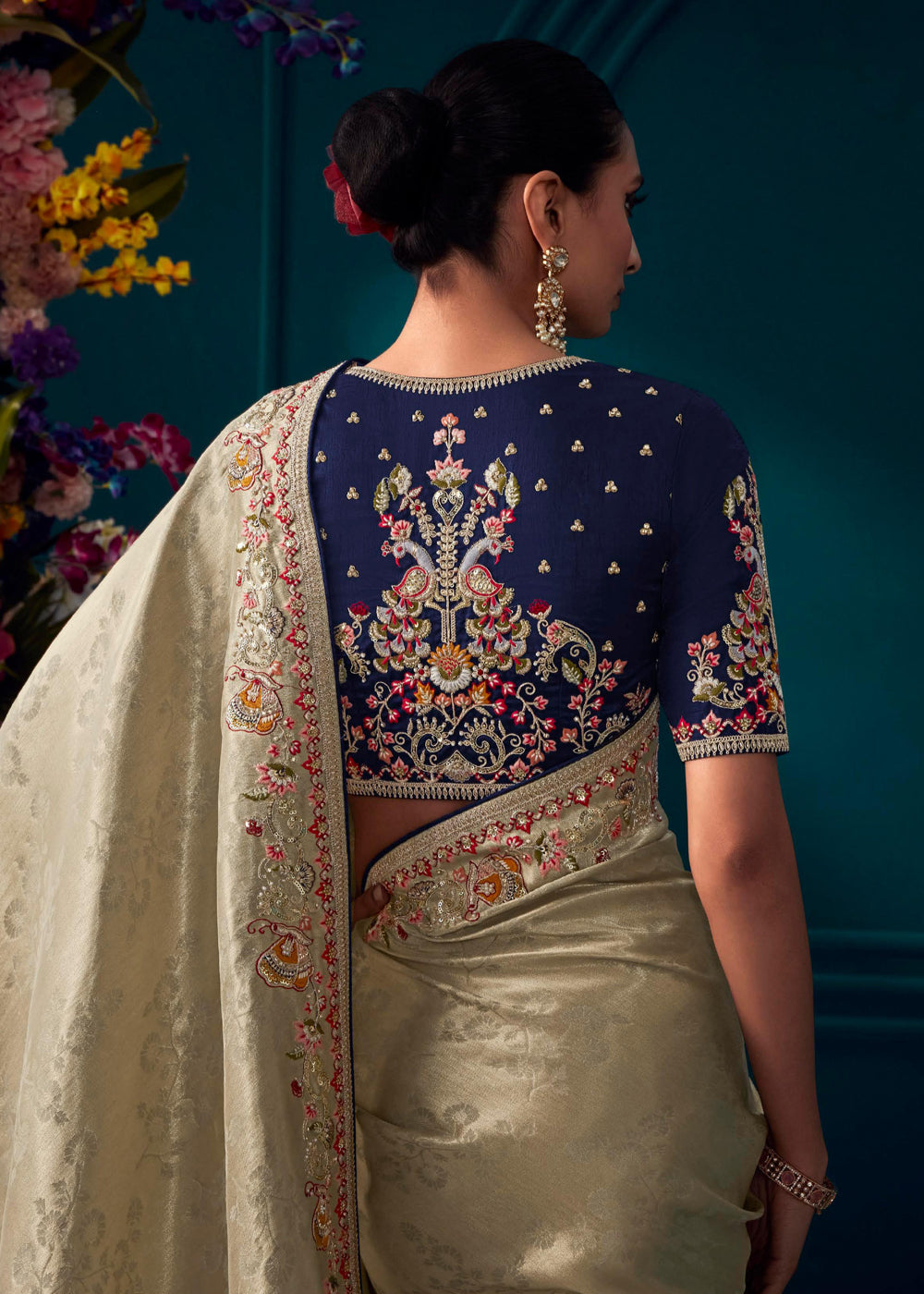 MySilkLove Hampton Cream Woven Embroidered Banarasi Silk Saree