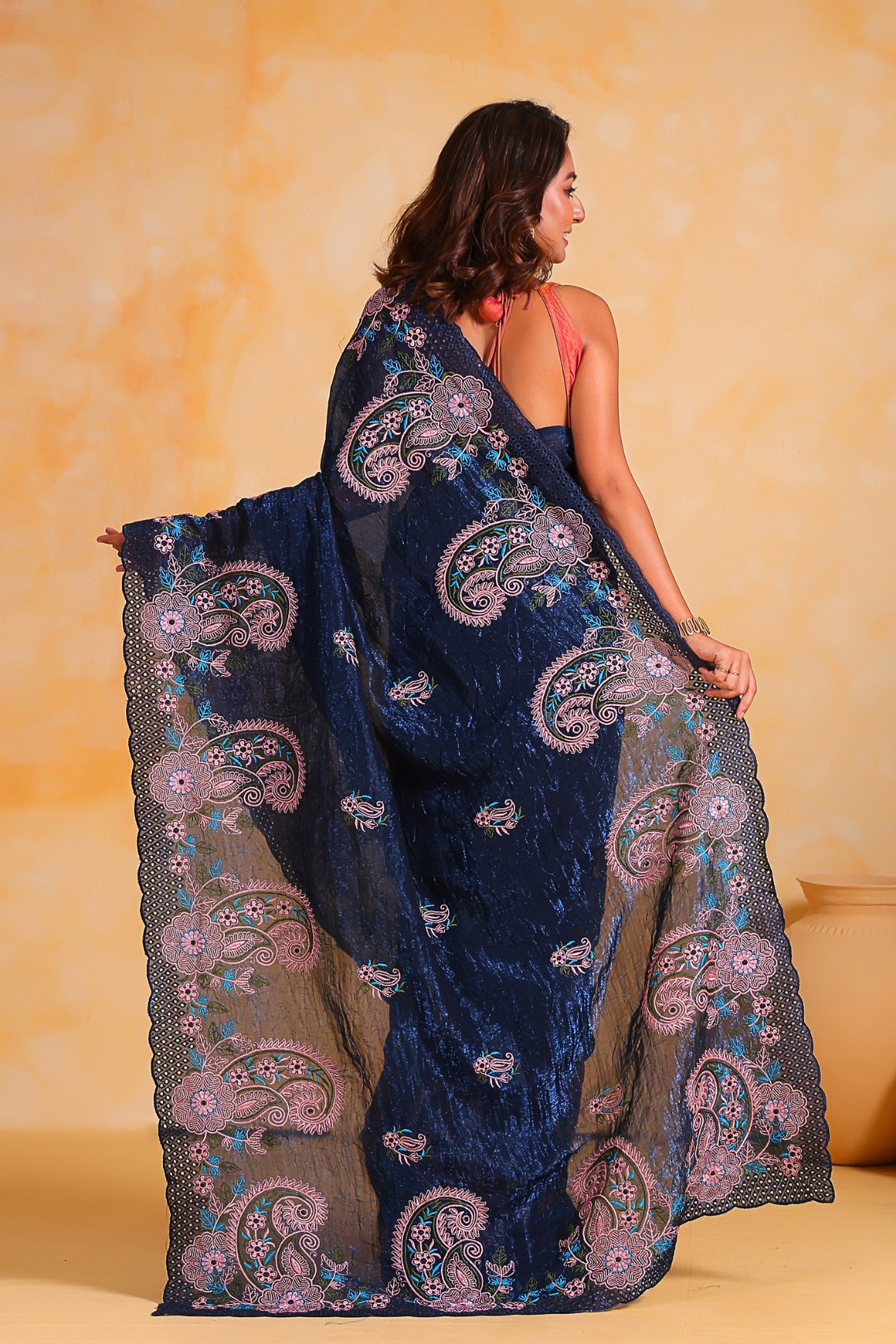 MySilkLove Ebony Blue Embroidered Georgette Saree