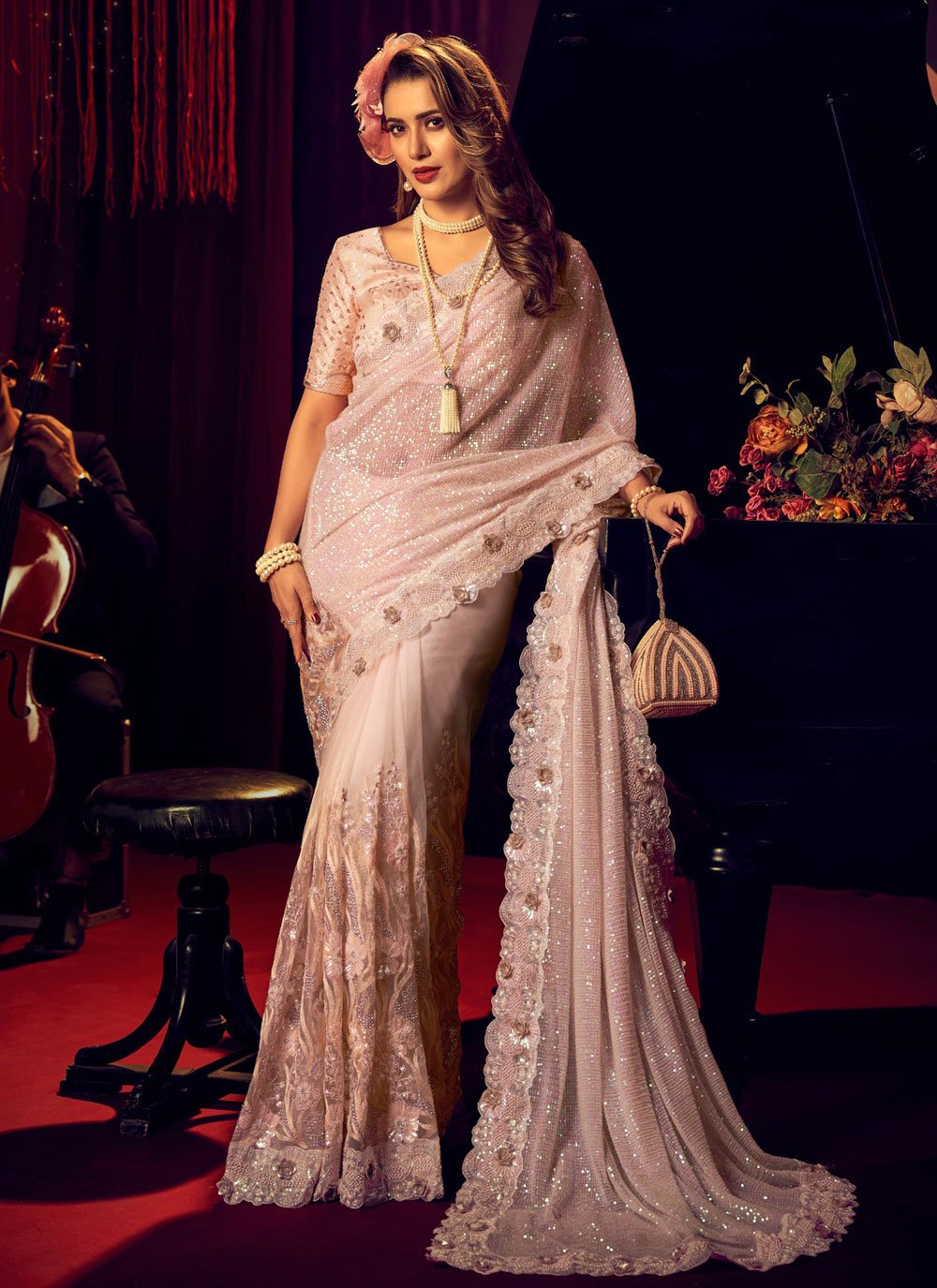 Buy MySilkLove Calico Pink Designer Partywear Saree Online