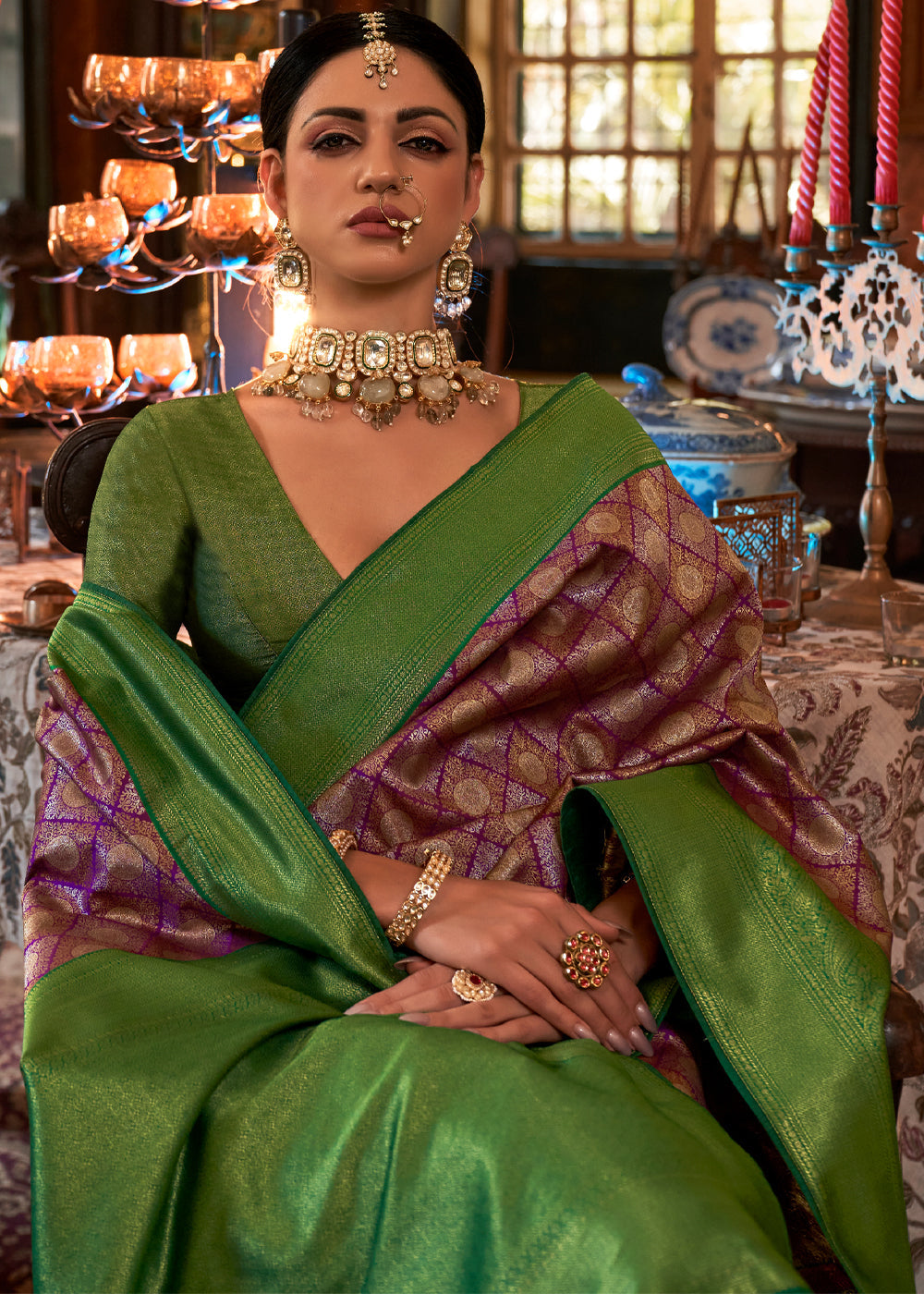 Buy MySilkLove Rust Purple and Green Woven Kanjivaram Saree Online