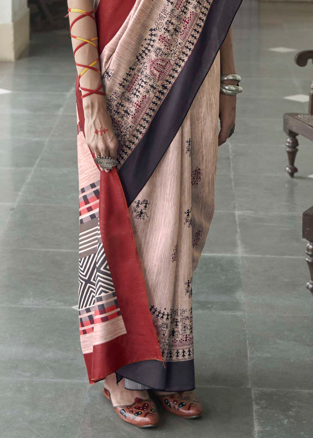 Buy MySilkLove Rodeo Dust Cream and Red Printed Designer Banarasi Saree Online