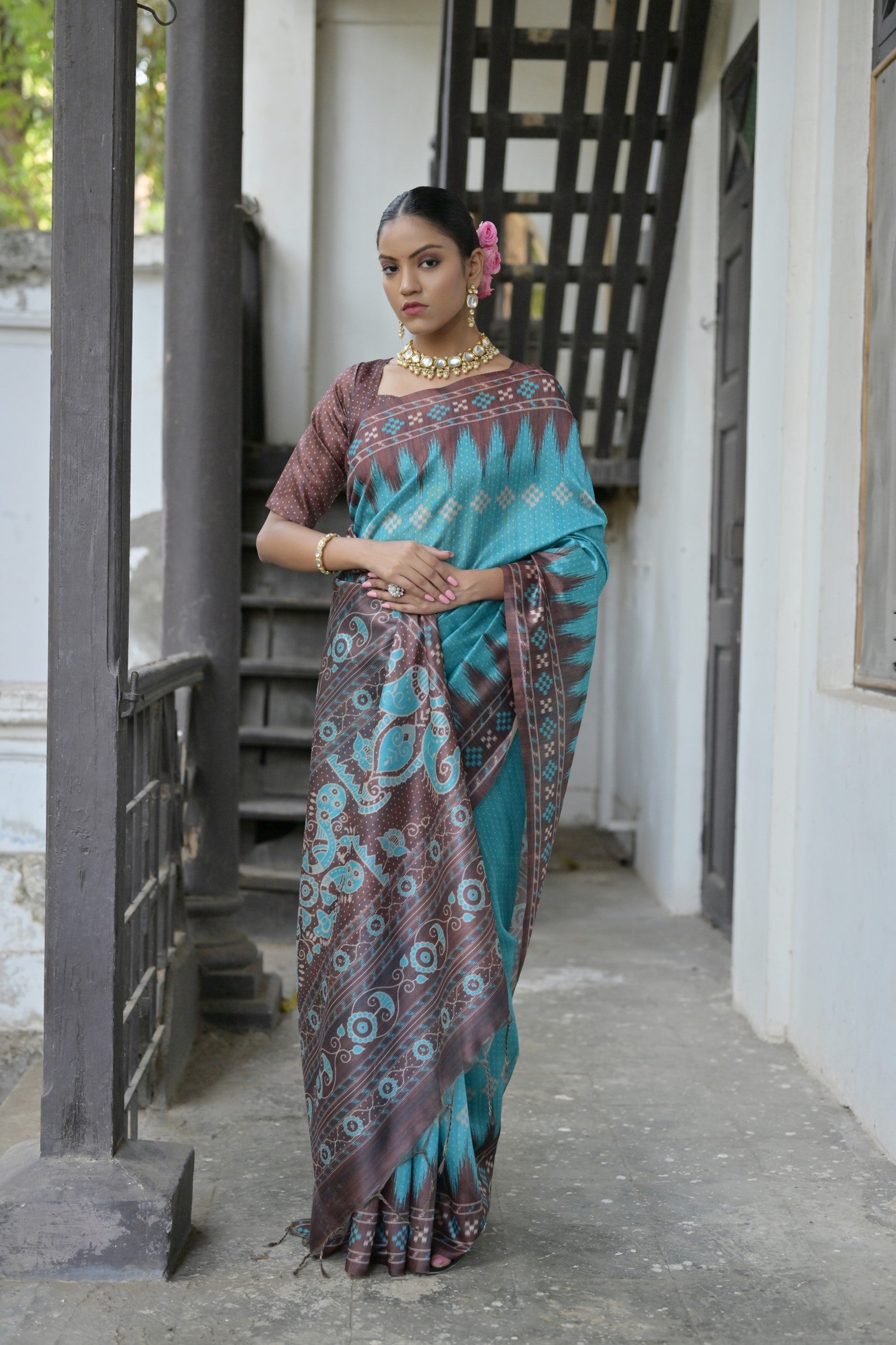 Buy MySilkLove Tradewind Blue and Brown Printed Tussar Silk Saree Online