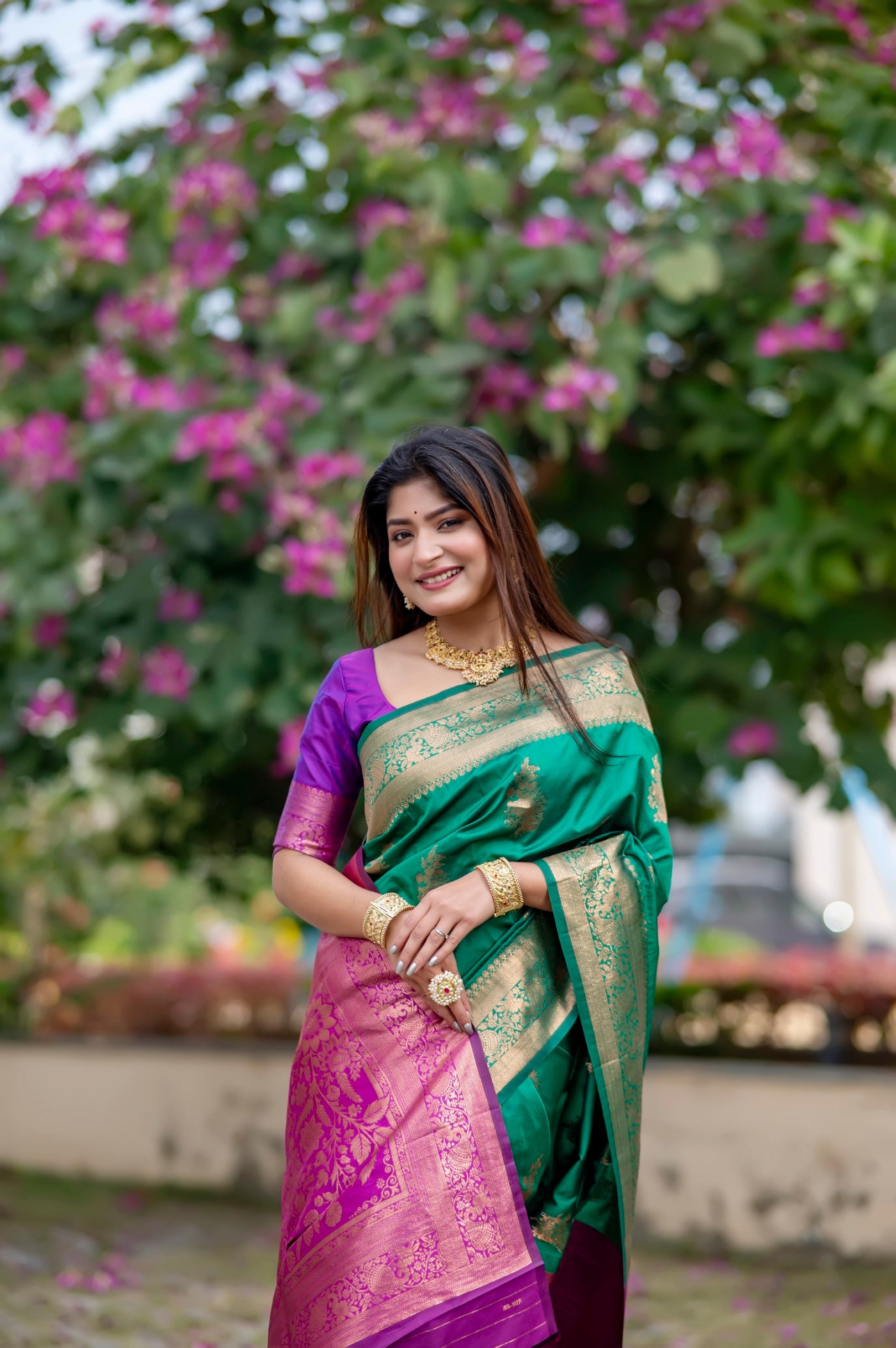 Buy MySilkLove Pine Green and Purple Woven Banarasi Saree Online