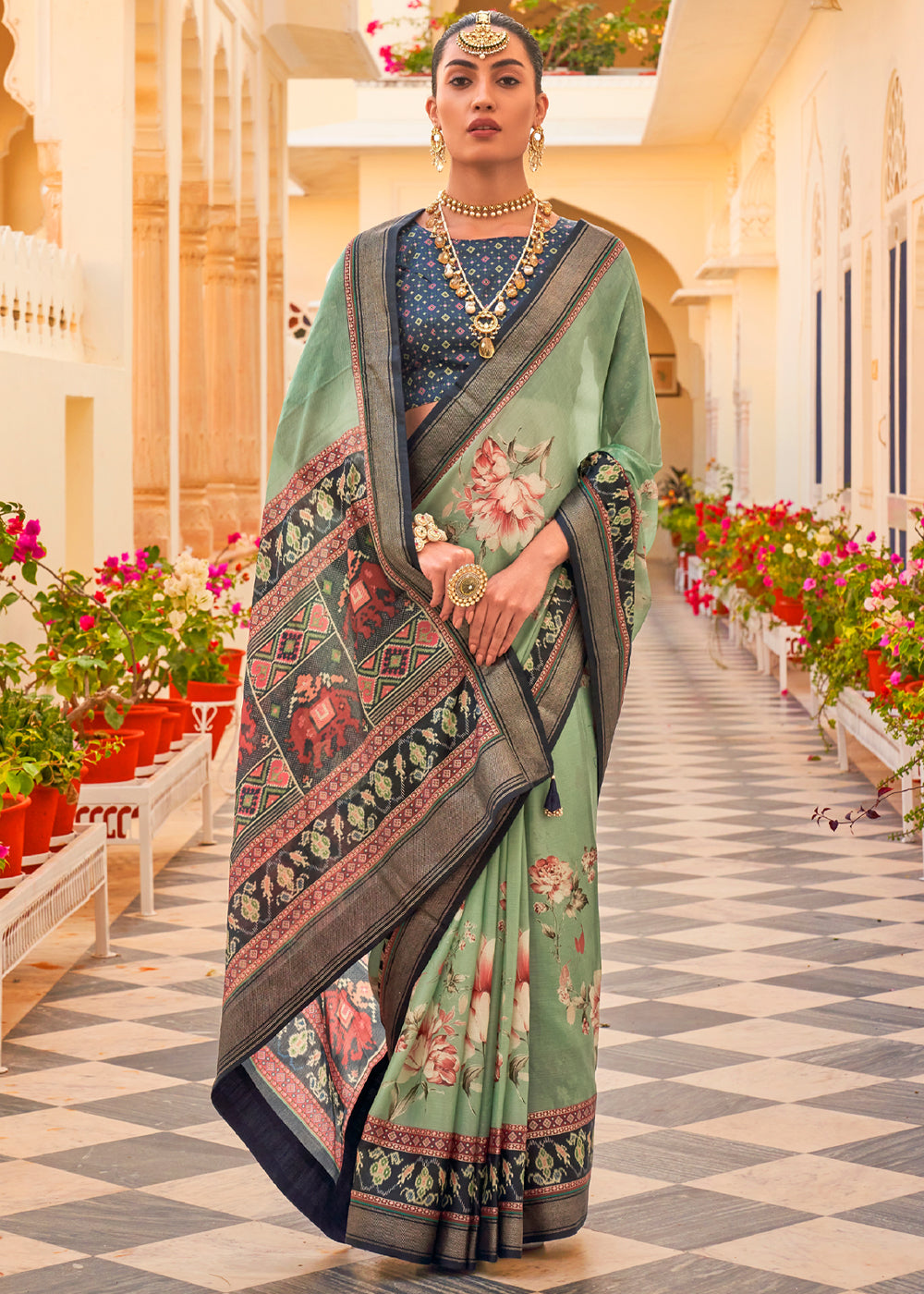 Buy MySilkLove Sage Green Printed Chiffon Patola Silk Saree Online