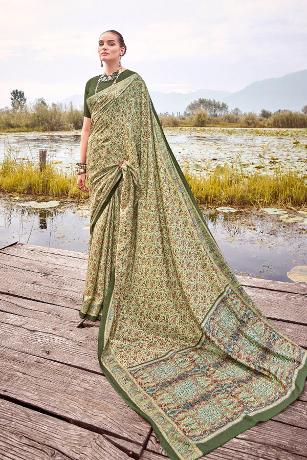 Sandal Green Printed Pashmina Silk Saree