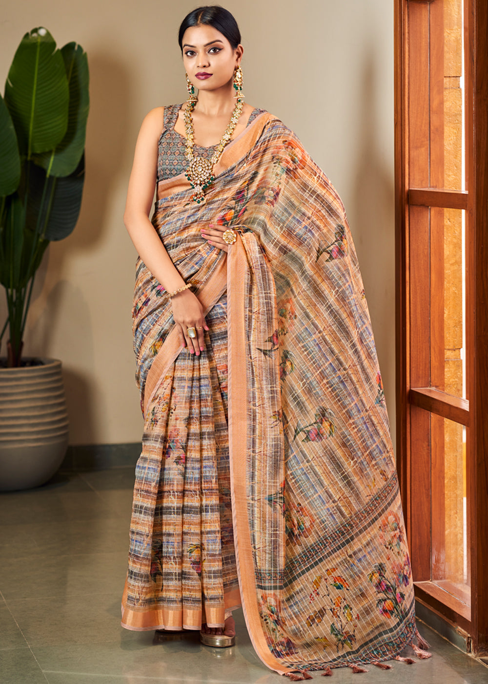 Buy MySilkLove Caramel Brown Linen Saree with Digital Print Online