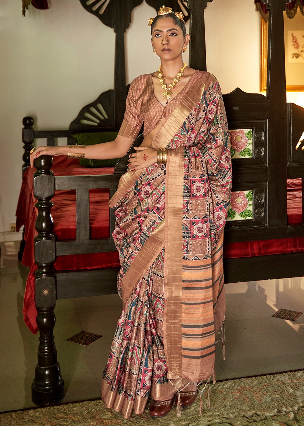 Buy MySilkLove Brandy Rose Pink and Brown Designer Printed Silk Saree Online