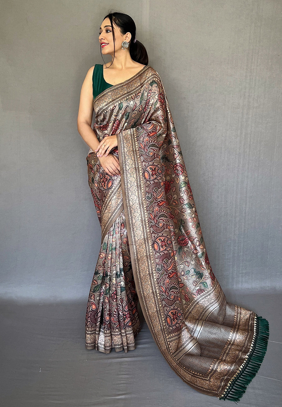 MySilkLove Dune Grey Soft Kalamkari Printed Silk Saree