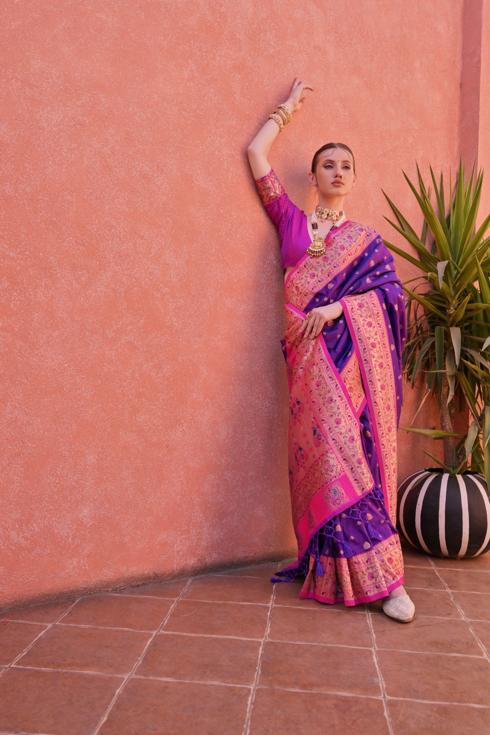 Buy MySilkLove Daisy Bush Purple and Pink Zari Woven Paithani Saree Online