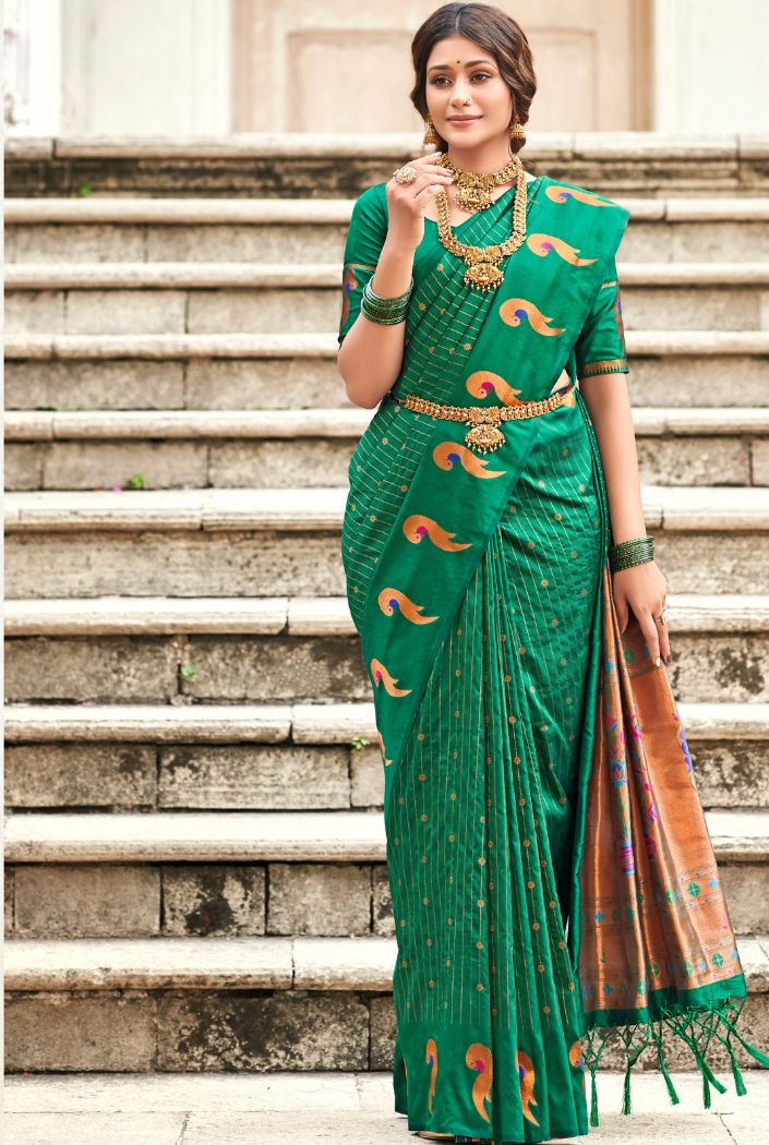Buy MySilkLove Viridian Green Woven Paithani Silk Saree Online